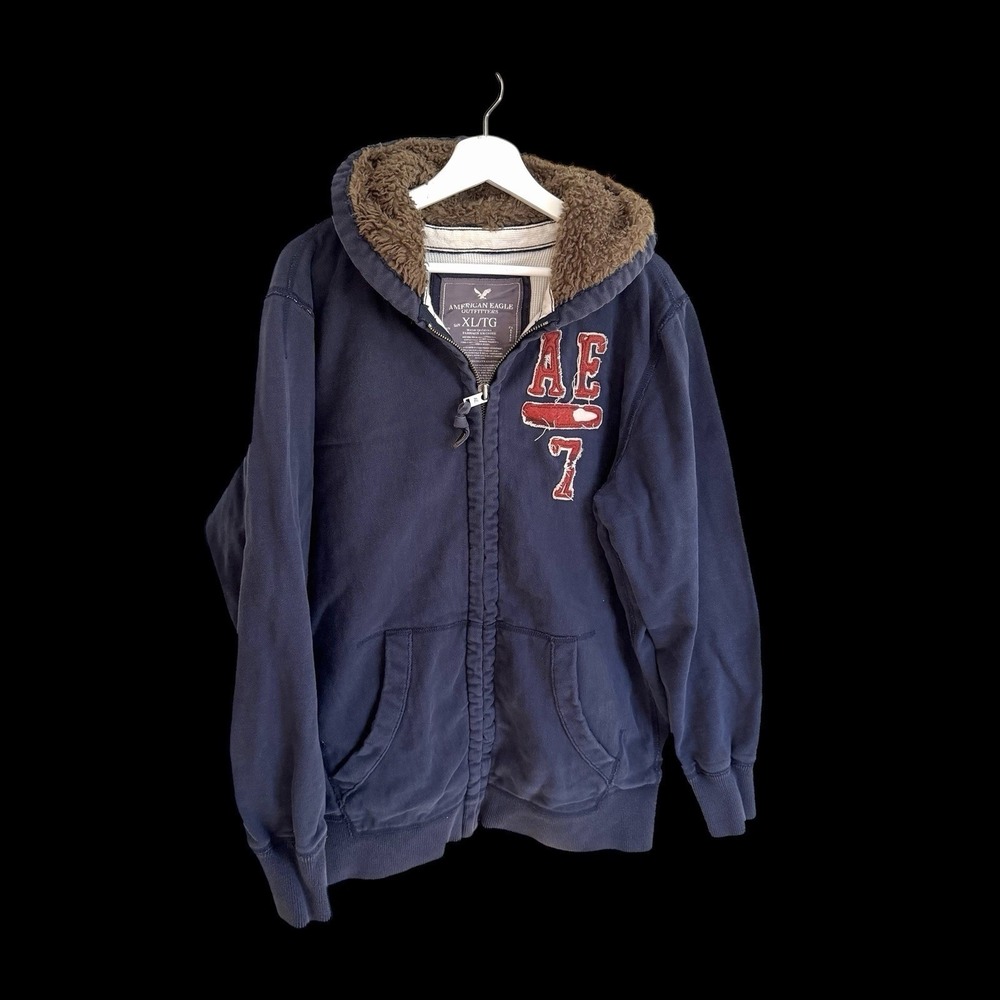90's‎ American Eagle Zip Up Vintage Hoodie Sz XL Fur Lined Hood Distressed Blue